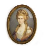 19th Century School, a miniature head and shoulders portrait of a young lady with curls,