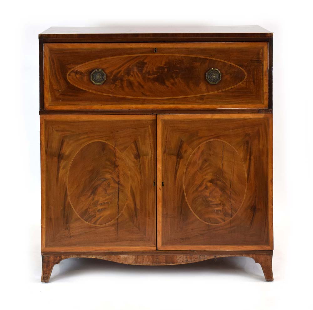 A Georgian mahogany, strung and crossbanded secretaire, the fall-front enclosing a fitted interior, - Image 3 of 28