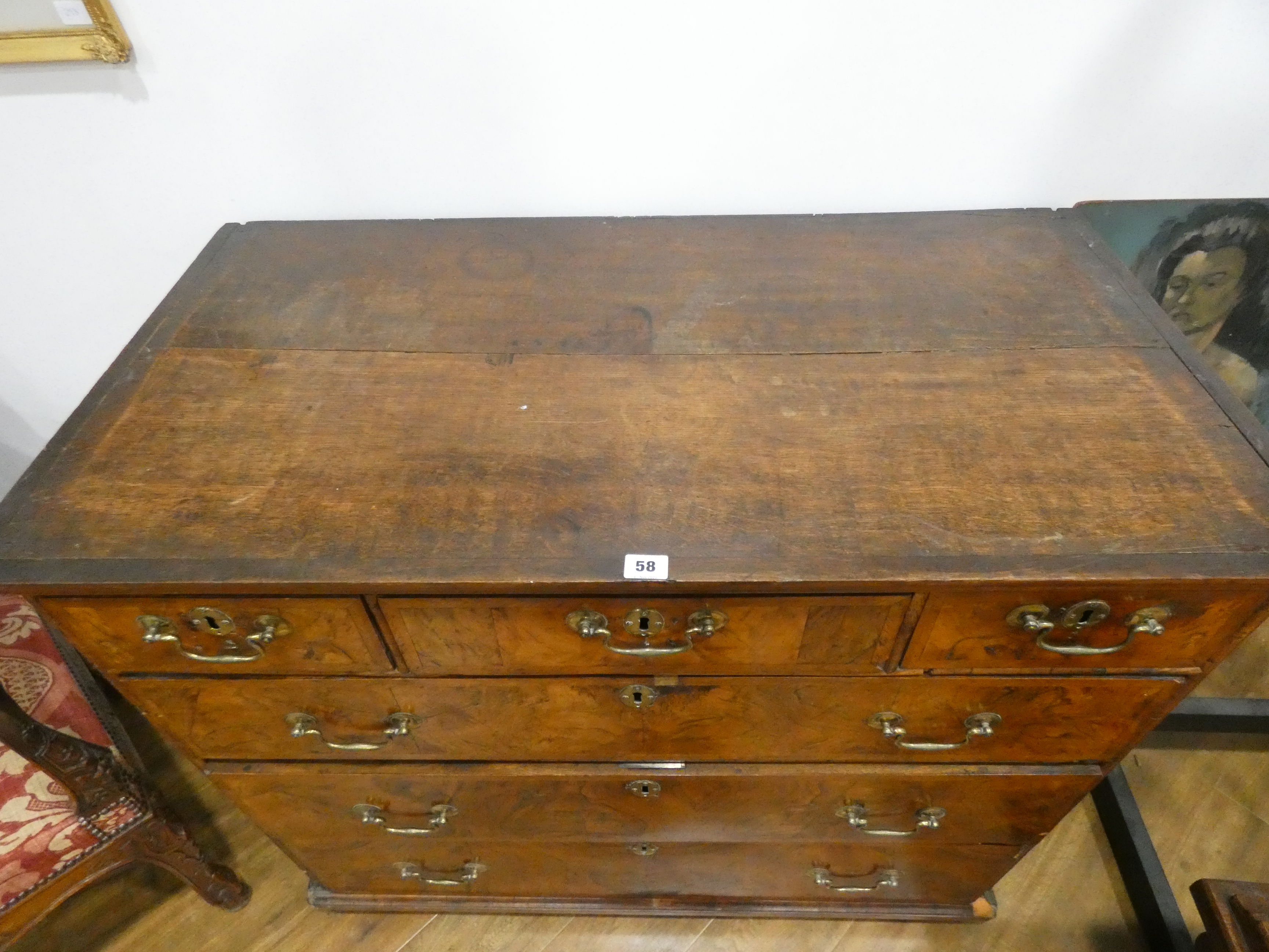 A Georgian walnut and feather crossbanded chest of three short over three long drawers on later bun - Image 19 of 27