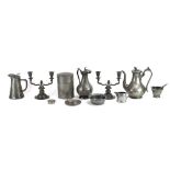 A group of pewter including a pair of Just 307 candelabrum, a James Dixon jug,