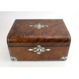 A Victorian walnut, mother-of-pearl and pewter strung jewellery box with a fitted interior, w.