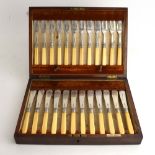 A case containing a set of twelve early 20th century silver bladed and ivorine handled fish knives