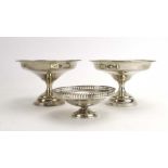 A pair of early 20th century silver dishes on raised socle bases, maker BBS Ltd.