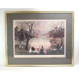 After Helen Bradley (1900-1979), A lakeside tea party, coloured reproduction, signed in pencil,