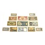 A group of thirteen Second World War Japanese and Chinese banknotes