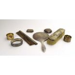 A parcel of silver and metalware items comprising an engine turned hand mirror, Birmingham 1927,