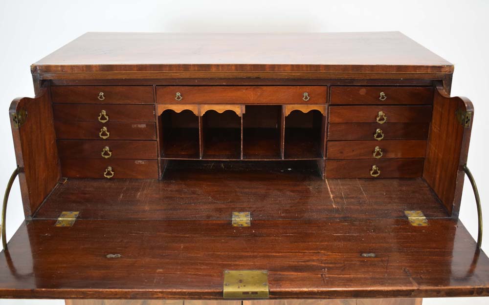 A Georgian mahogany, strung and crossbanded secretaire, the fall-front enclosing a fitted interior, - Image 2 of 28