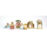 Six Royal Albert Beatrix Potter figures: Miss Doormouse, Hunca Munca, The Christmas Stocking,