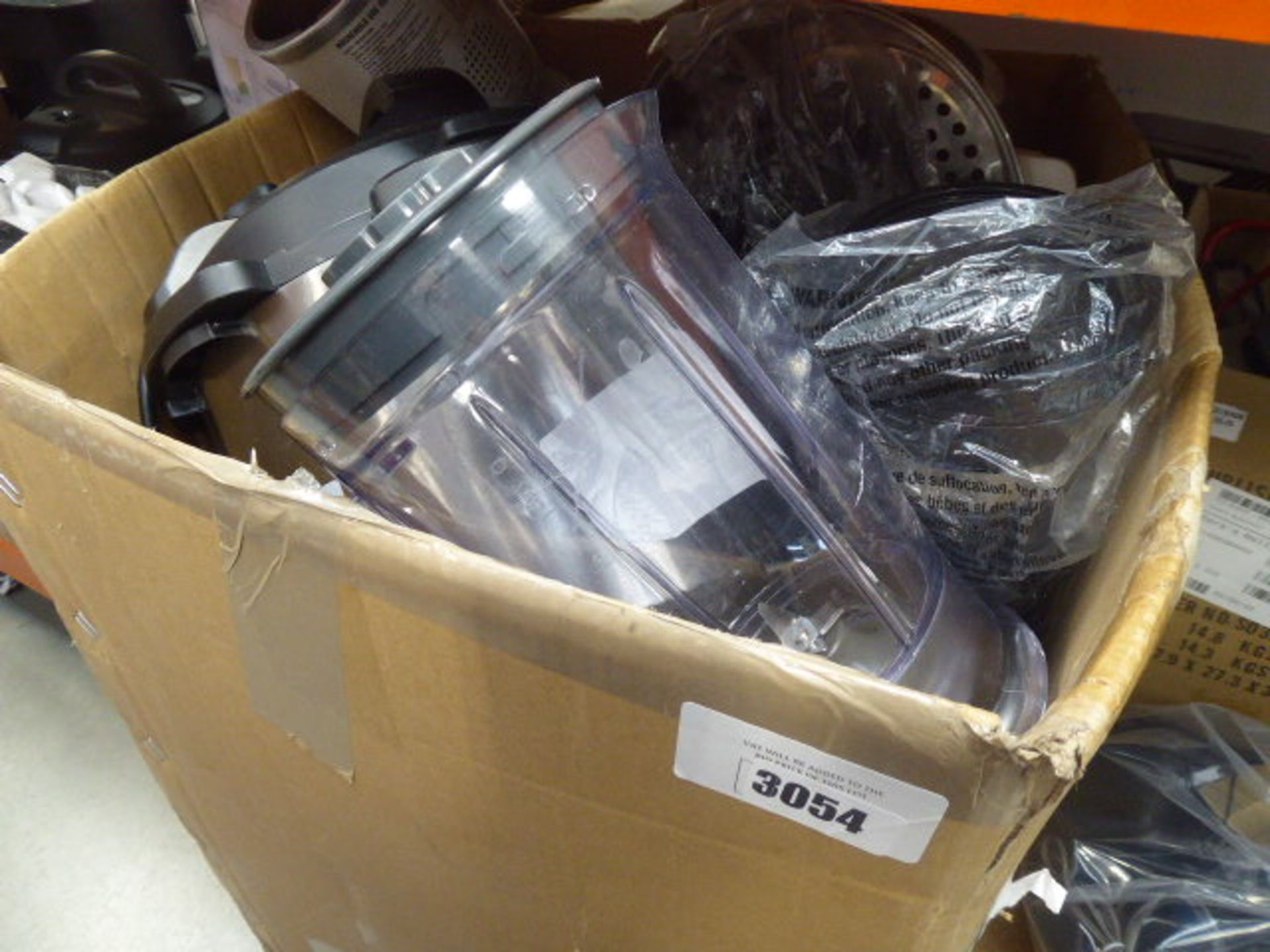 Large box of mixed kitchen equipment including blenders, pressure cookers etc