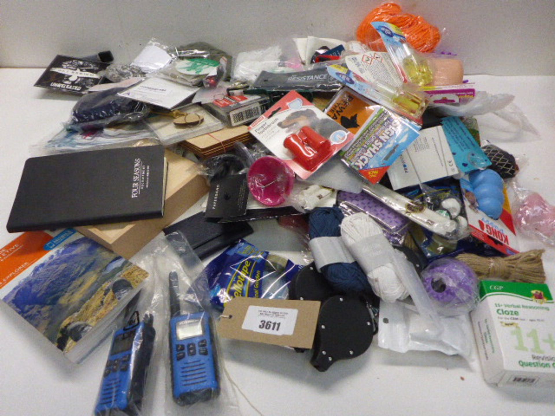 Large bag of household sundries, pet & kitchen accessories, card games, stationery etc