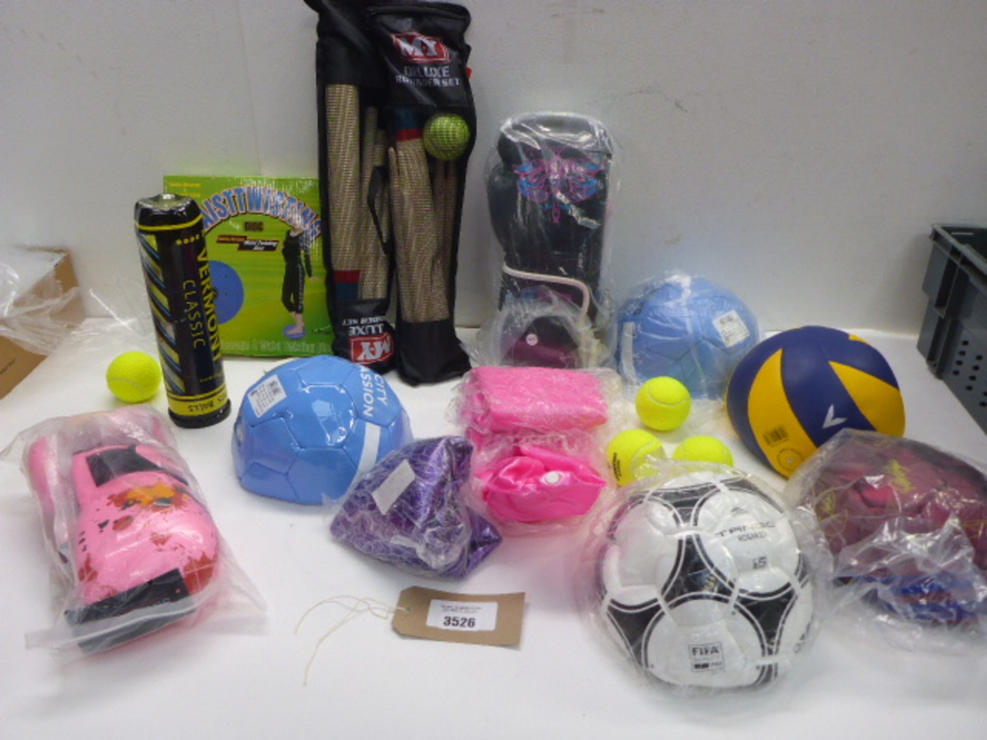 Boxing gloves, rounder sets, footballs, gym exercise balls, tennis balls etc