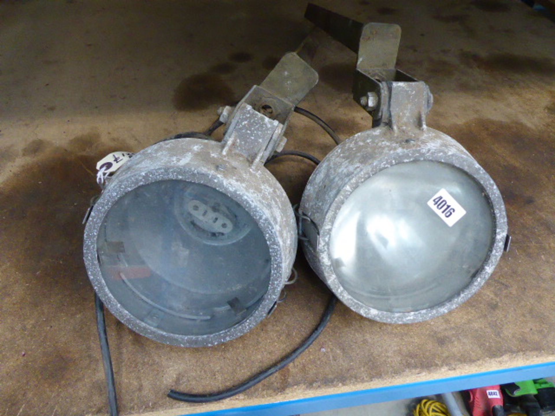 Pair of aluminium and steel factory lights