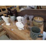 Quantity of Wedgwood china, glass vases and bowls, pottery and plate stands