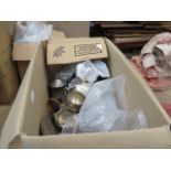 A box containing a quantity of loose cutlery, plus silver plate to include: teapots, hot water jugs,