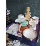 Box containing pill and trinket boxes, character jugs and gravy boats