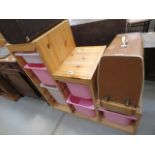 Pine storage unit with plastic sliding tubs