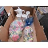 (5653) - A box containing Dudson coffee cups and a pot, plus two floral decorated cats and a blue