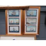 A pair of three panelled watercolours, depicting yachts and sailing ships