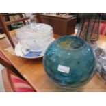 Large bohemia crystal lidded bowl, a blue glass bowl plus fruit bowl and collectors plates