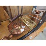 Copper kettle, jug and brass trivet
