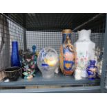 Cage containing a modern Chinese moon vase, floral patterned vase plus glassware, general crockery