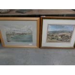 2 Framed and glazed water colours of country scenes along with embroidery of blue flowers