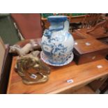 A Victorian sewing box and an Italian jug & bowl, brass figure of a horse, plus a resin figure of