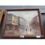 Framed oil on canvas of street scene