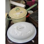 A quantity of enamelware, to include: roasting pans, stock pot and jugs