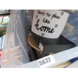 A box containing a DVD player, a silver plated serving tray, a lazy Susan, plus household items