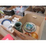 A box containing commemorative ale mugs, poppy decorated vase, log shaped bowl and Chinese vases