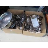 2 boxes containing a large quantity of silver plate to include a punch bowl, bonbon dishes, teapots,