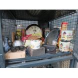 Cage containing Wade figures, trinket box, a pint glass, quartz clock, serving tray and opera