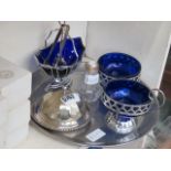 Silver plated tray plus a part tea service to include sugar bowls, jug, butter dish and silver
