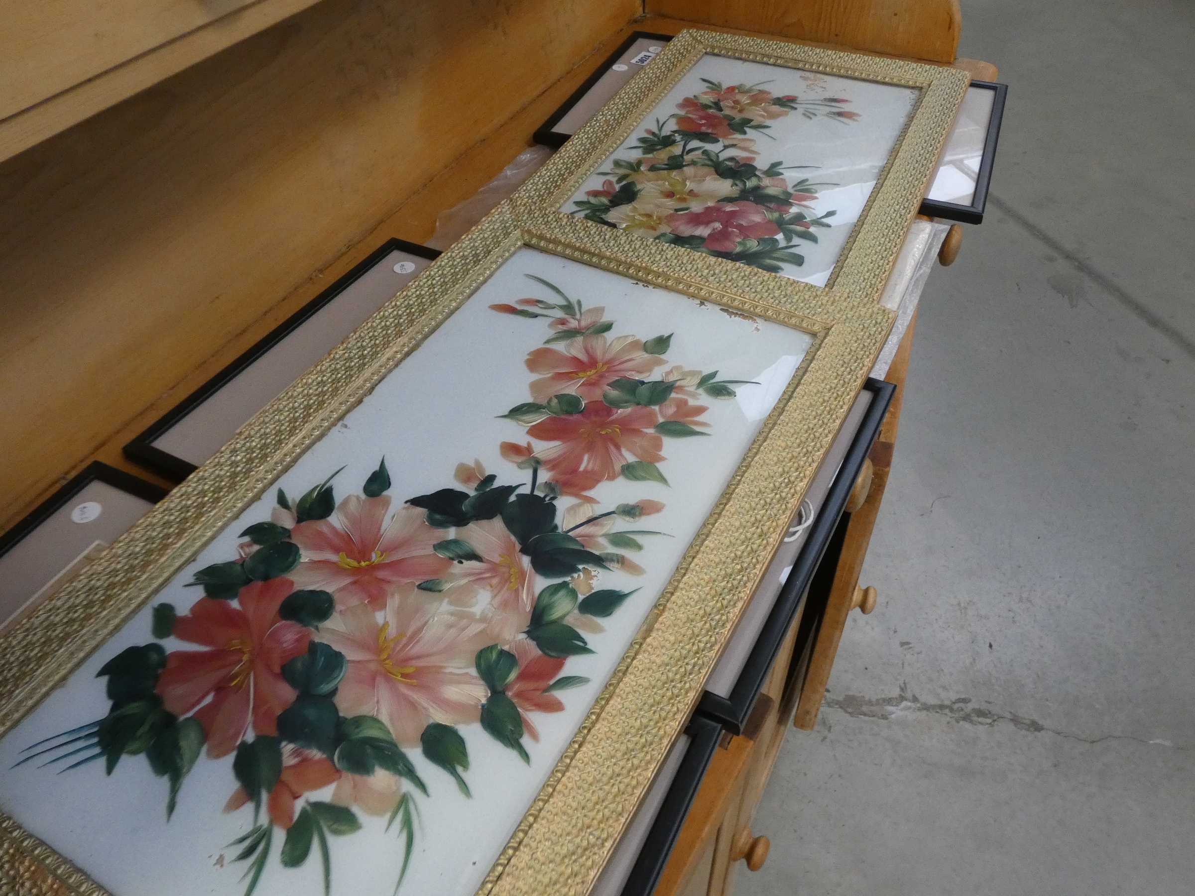 3 Vanity fair print together with 2 pictures of flowers painted on glass