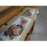 3 Vanity fair print together with 2 pictures of flowers painted on glass