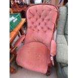 Victorian pink fabric button back arm chair