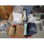 2 boxes containing lighting, collector's plates and household implements