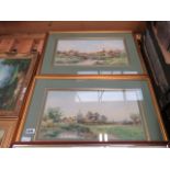 Pair of watercolours by J. Milton 'Country church with stream and meadow' plus 'Cottages, stream and