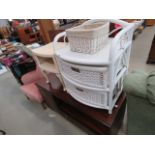 A Lloyd Loom-style bedside cabinet, a painted wicker two tier cabinet and a basket