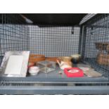 5765 - Cage containing studio pottery, coasters, treen and a photo frame