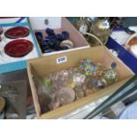 2 boxes containing paperweights, stoppers and blue glass liners