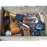 Box containing opera glasses, treen, loose cutlery and tins