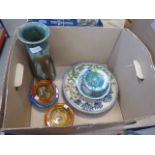 A box containing studio pottery, blue & white china, plus 1950's glass bowls