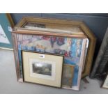 Quantity of prints and paintings including coach and stately home, mediterranean, hawk plus mirror