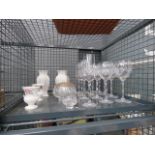 Cage containing wine glasses and champagne flutes plus Wedgwood and other china