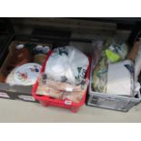 3 boxes containing fabric, china and treen