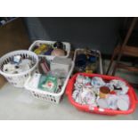 Five boxes containing: glassware, kitchen storage vessels, student's globe, Staffordshire dog and
