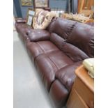 Brown leather effect three seater reclining sofa, plus a matching two seater
