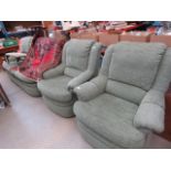 Green fabric 3 seater sofa with pair of matching armchairs and foot stool